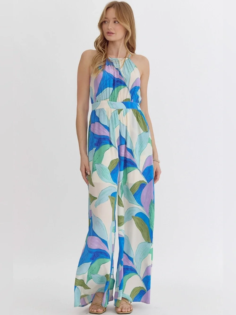 Entro | Paloma Abstract Tropical Vacation Vibes Blue Purple Jumpsuit New Medium